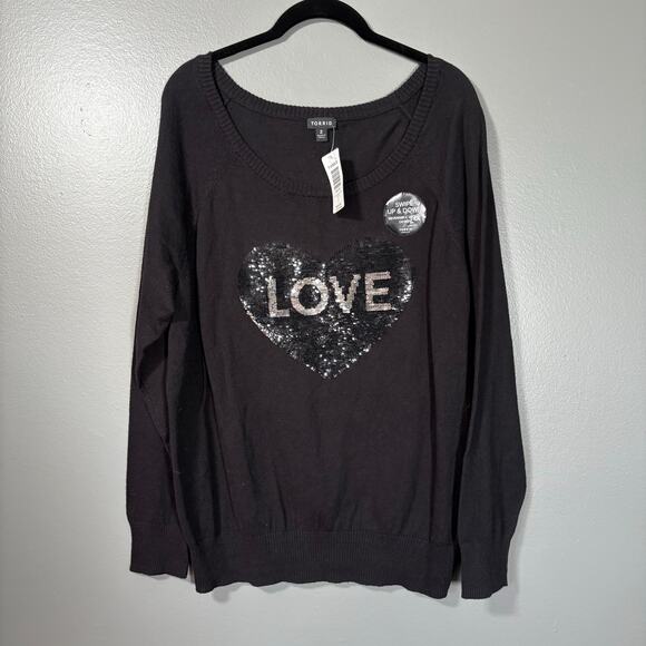 Torrid NWT Black Double Sequin Heart Love/Nope Sweater - 2 (2X) - Women's Plus - Picture 1 of 7
